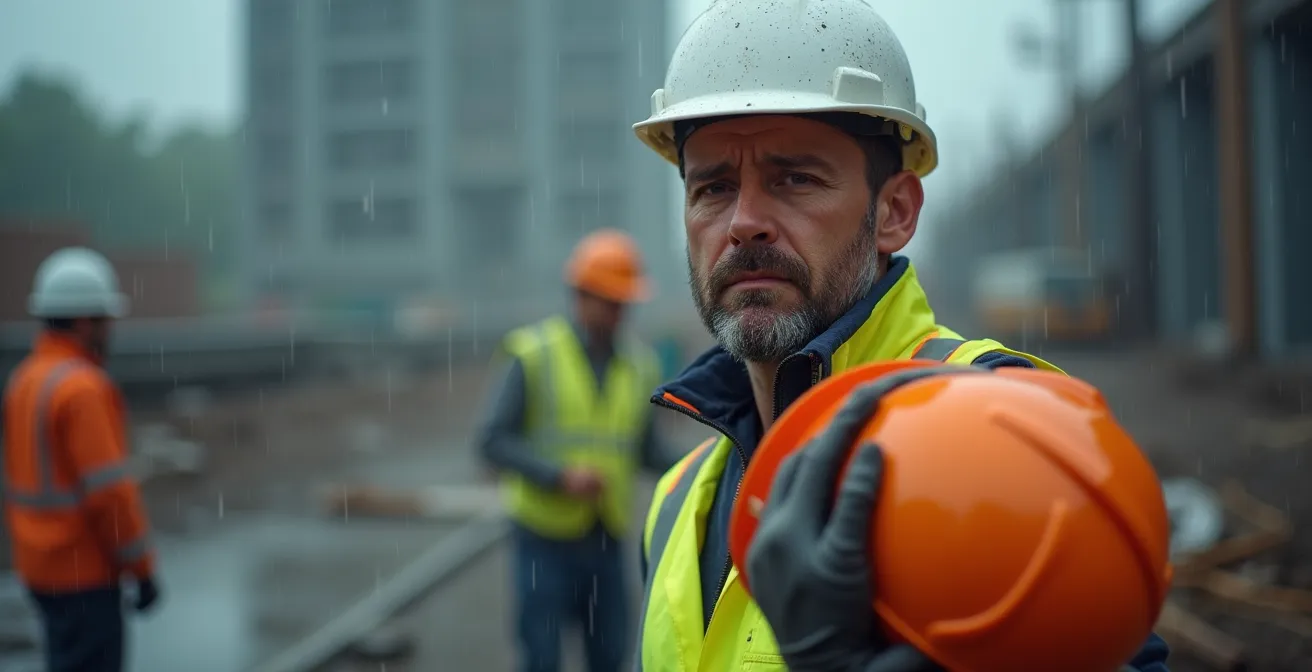 Responsable de chantier consultant son équipe avant arrêt intempéries