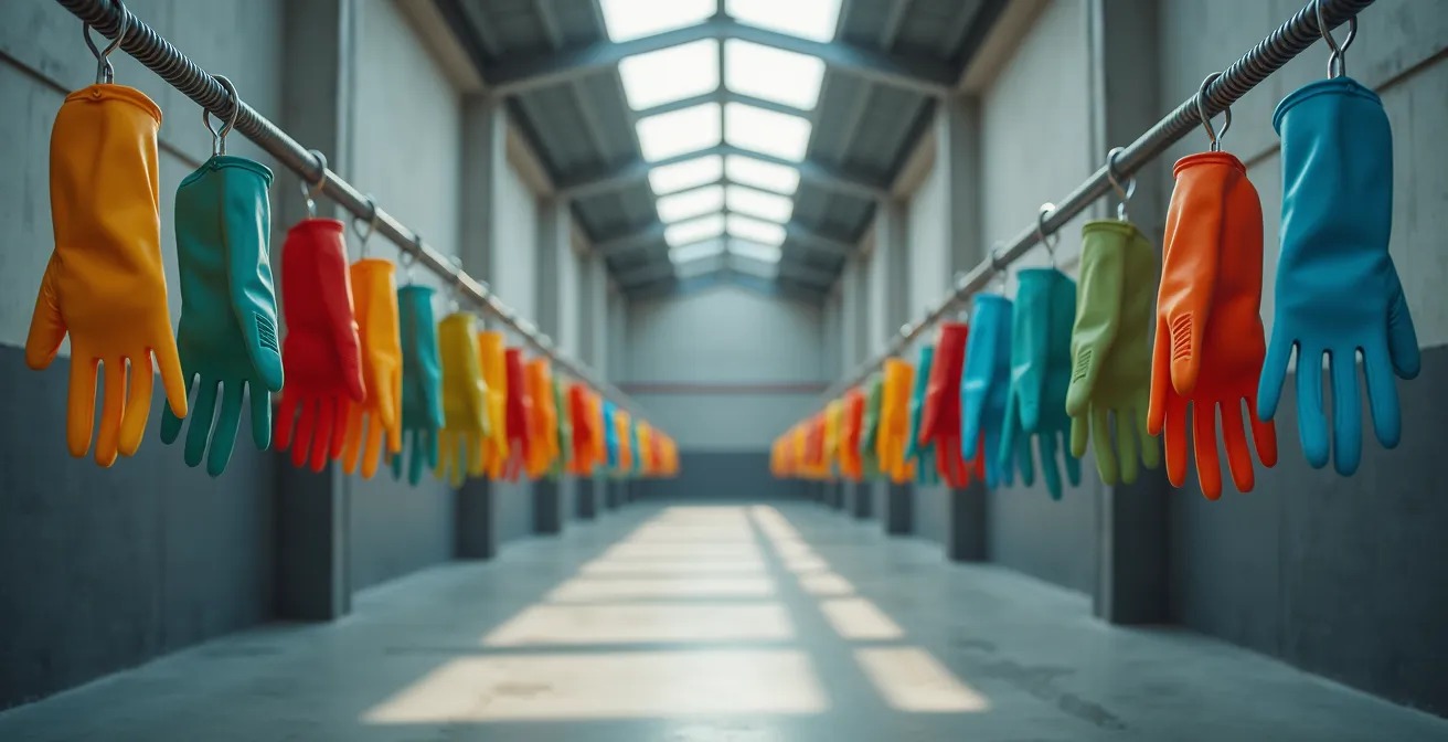 Espace industriel épuré avec gants de protection organisés
