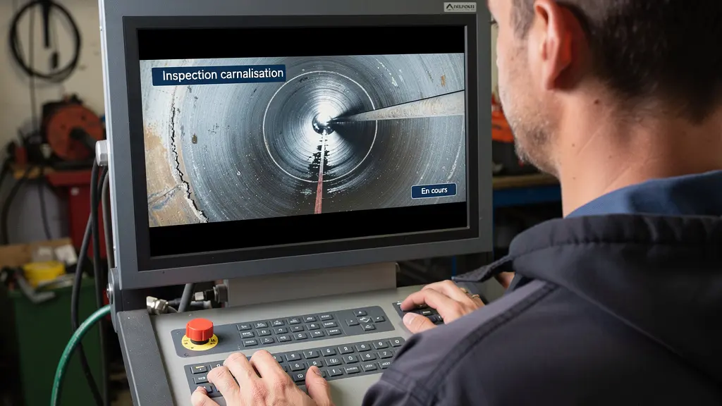Technicien visualisant une inspection caméra de canalisation sur écran de diagnostic