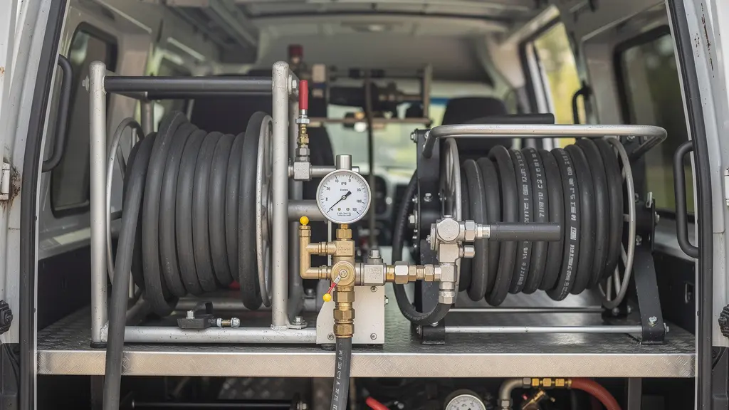 Matériel professionnel d'hydrocurage visible dans un camion utilitaire ouvert
