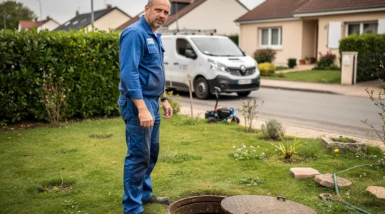 Technicien spécialisé débouchage inspectant une canalisation extérieure dans un jardin pavillonnaire