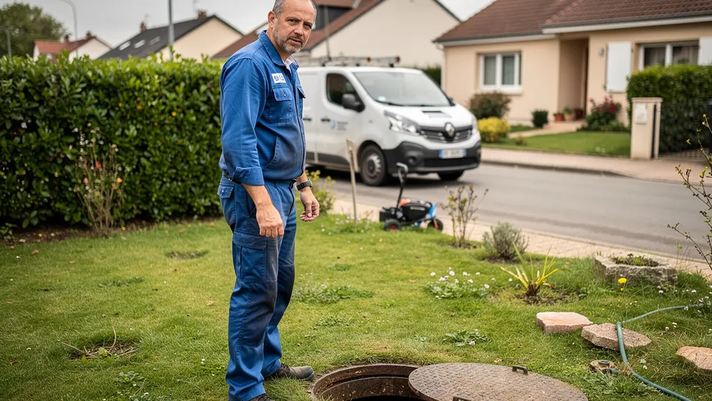 Technicien spécialisé débouchage inspectant une canalisation extérieure dans un jardin pavillonnaire