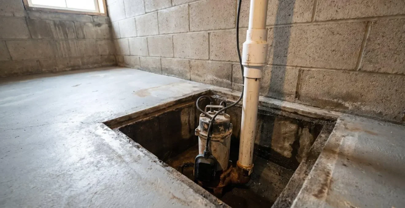 Pompe à puisard installée dans une cuve de collecte au sous-sol d'une maison résidentielle à Montréal, tuyau de refoulement visible