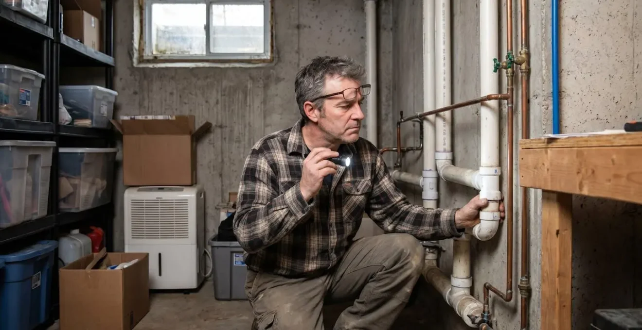 Propriétaire québécois inspectant les tuyaux de plomberie dans le sous-sol de sa maison avant des travaux de rénovation