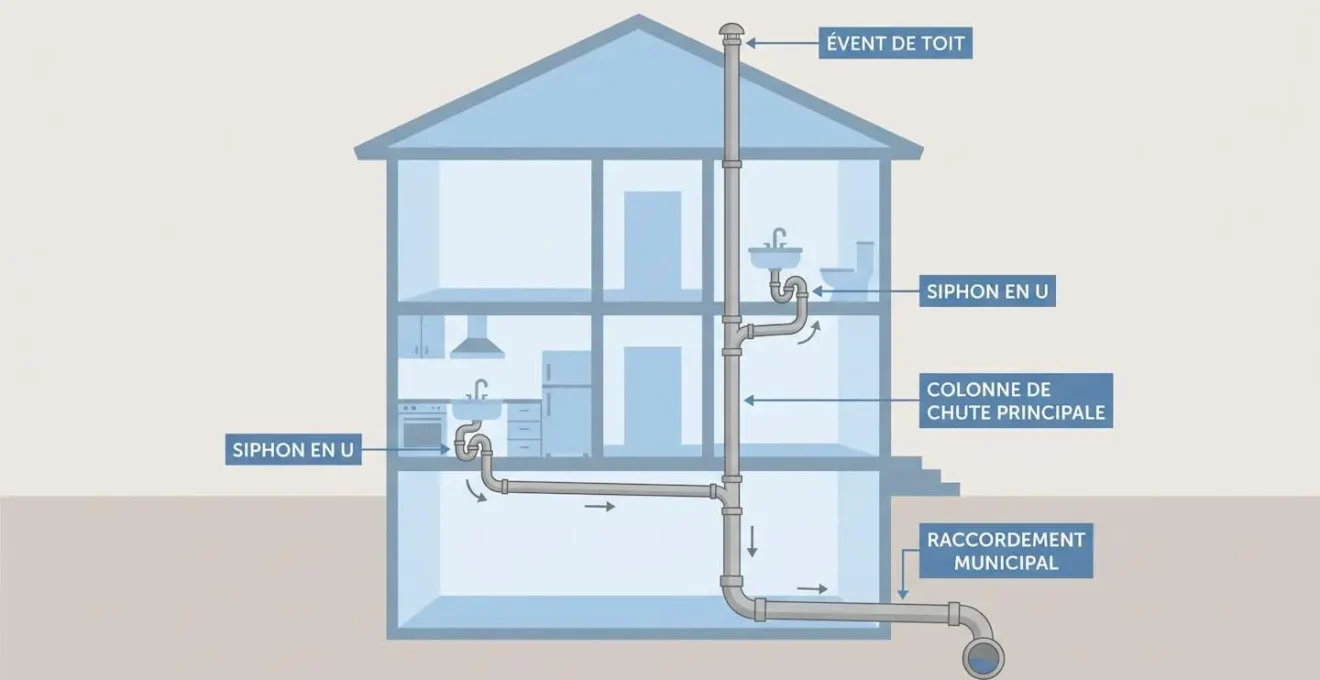 Illustration simplifiée du réseau d'évacuation des eaux usées dans une maison résidentielle au Québec, montrant colonnes, siphons et raccordement municipal